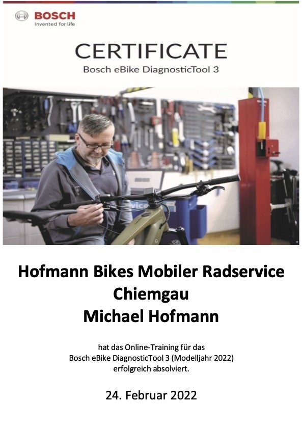 Bosch-Zertifikat: Michael Hofmann hat das Training für das eBike DiagnosticTool 3 absolviert, 24. Februar 2022.