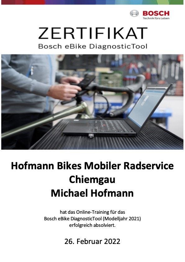 Bosch-Zertifikat: Michael Hofmann hat das Training für das eBike DiagnosticTool absolviert, 26. Februar 2022.